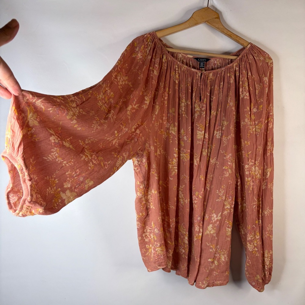 Chaps Peasant Blouse Women 3X Pink Floral Long Sleeve Gauze Keyhole Neck